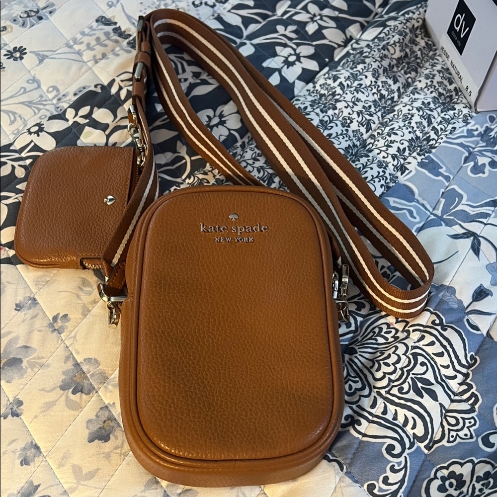 kate spade tan pebbled leather belt bag with striped strap